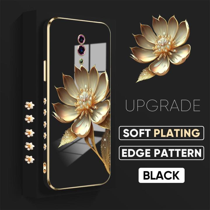 TA for OPPO Reno Back Cover With Hand Strap Gold Lotus Flower Luxury 6D Plating Case Side Pattern Soft Silicone Square Mobile Cover