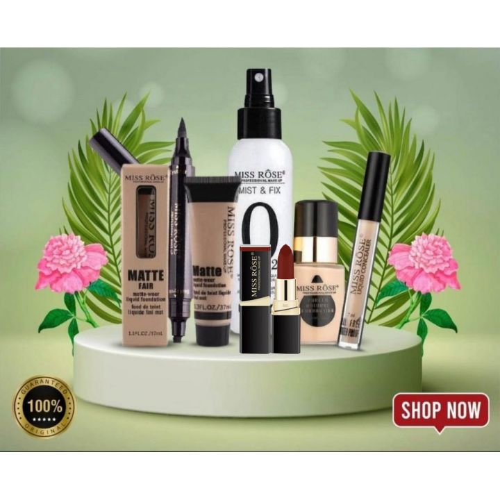 Miss Rose 6 Pcs Complete Makeup Deal (Seal Eyeliner , Mist & Fix , Matte Foundation , Concealer , Purely Foundation , Lipstick )