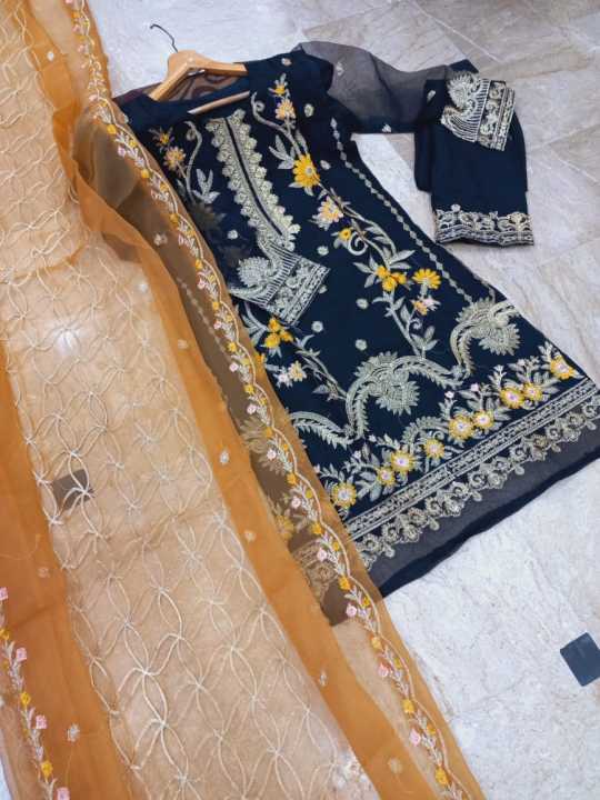 Full Embroiderd Shirt With Emb Dupatta 3pcs  Shirt Stuff Organza  Embroidery Stuff Malai Crepe  Emb Dupatta Size 2.5 Yards Stuff Organza  tahi