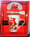 Beautiful Gift Pack Coffee Cup / Tea Mug with Spoon & Cupcap Lovely Red Heart Print. 