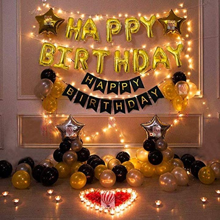 Delightful Golden & Black Happy Birthday Decoration ( Including Birthday Foil -30 Balloons + Golden & Silver Stars +Fairy Light  + Birthday Banner) Birthday & Party Themes For Baby /Boys & Girls -Birthday Decorations Birthday Accessories Birthday Planning