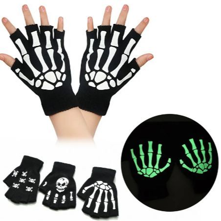 Winter Punk Skeleton Skull Half Finger Adult Kids Luminous Warm Gloves