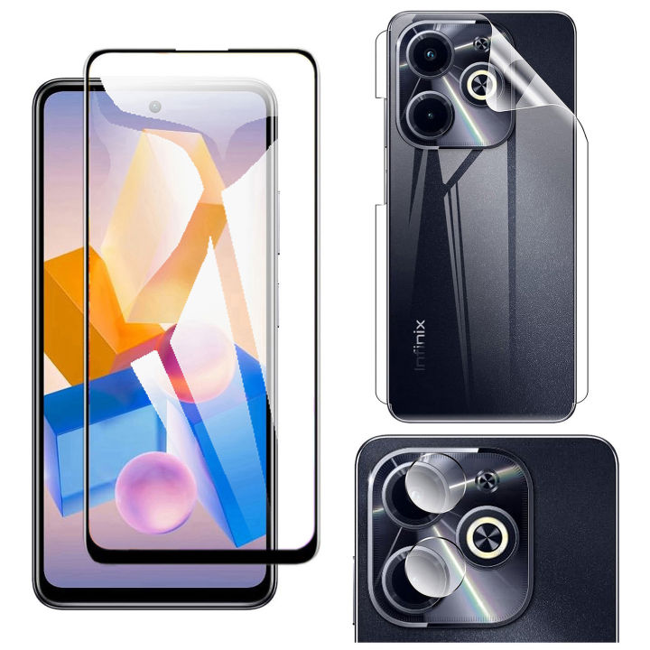 Infinix Hot 40i Full Black 9D Tempered Glass Screen Protector Edge to Edge Full Glue + Back Jelly Protector Back Jelly Protector Clear Soft Protection Film Transparent + Back Camera 9H Gorilla Flexible Protector  For Hot 40i