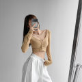 Women Button Down Crop Tops, Casual Long Sleeve Notched V Neck Solid Color Knit T-Shirts. 