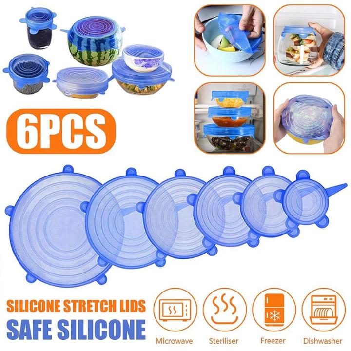 6pcs Universal Food Silicone Cover Silicone Stretch Lids for Bowl, Cup, Pot, Pan, Dish, Food Covers, Flexible Silicone Lids Food Wrap Apply to All Kinds of Food Storage Container.
