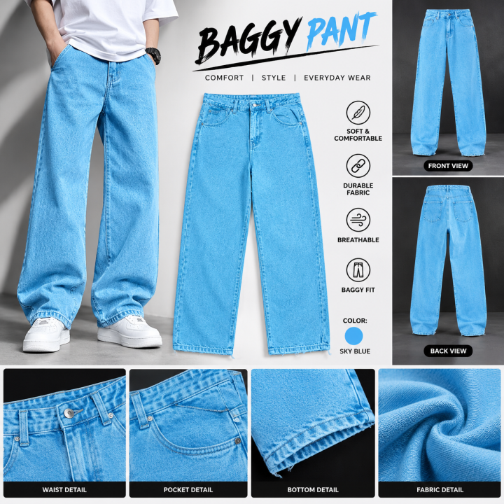 👖🔥 Sky Blue Baggy Jeans for Men & Boys 💙 | Loose Fit Wide Leg Denim Pants ✨ | Korean Streetwear Fashion 😎 | Trendy Casual Trousers 🛍️