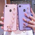 For OPPO F5 Back Cover with Love Heart Chain Wrist Strap Fashion Bracelet Shiny Plating Bumper Protective Case Silicone Shockproof Mobile Phone Cases. 