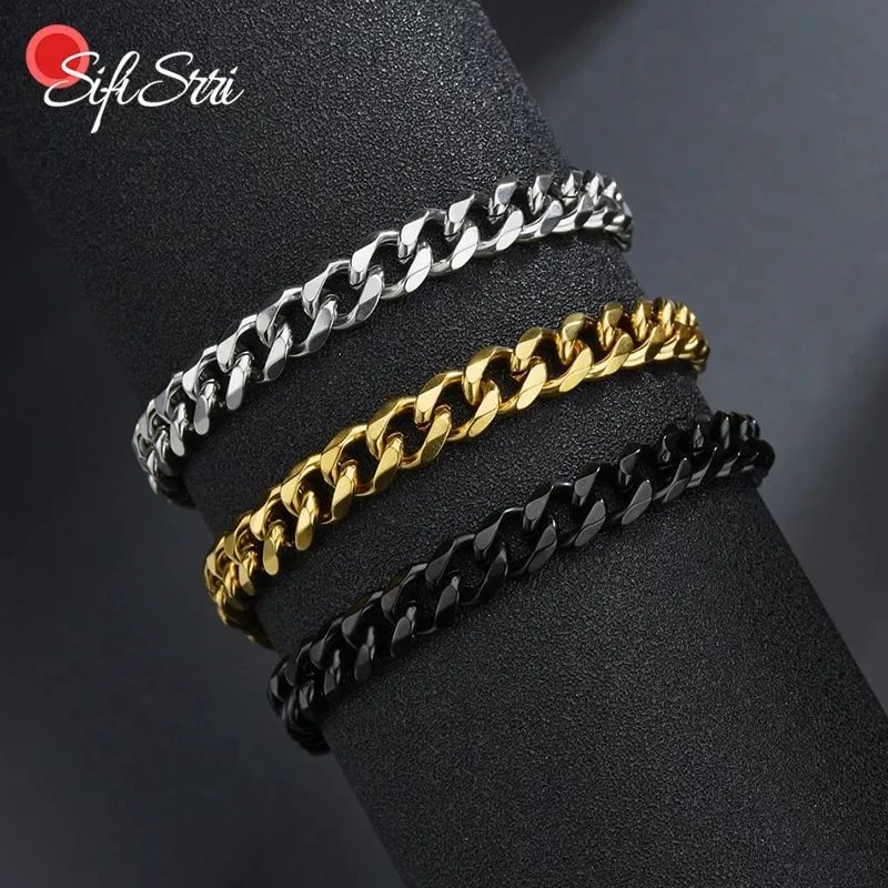 Black/Silver/Golden Cuban Link Chain Wrist Hand Bracelet for Men