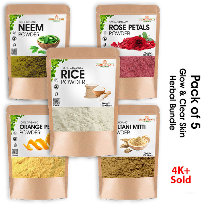 Pack of 5 Orange Peel Powder + Neem Leaves Fine Powder + Rose Powder +Multani Mitti + Rice Powder | Herbal Ubtan Face Pack for Glow & Acne Care | Delhi Gate Organics