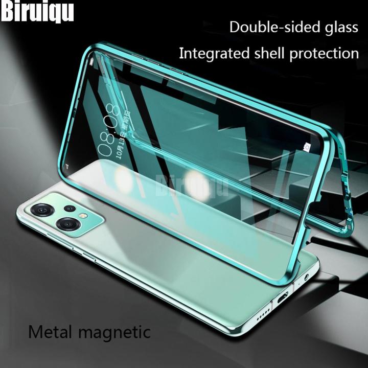 Biruiqu For Oneplus Nord CE 2 Lite 5G Magnetic Absorption Case Metal Frame Shockproof Double Sided Tempered Glass Magnetic Case Cover