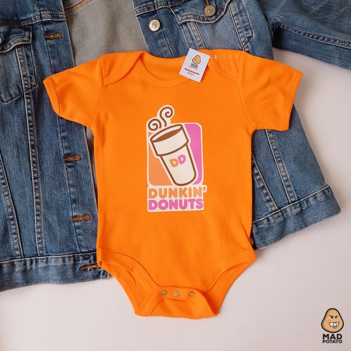 MAD POTATO DUNKIN DONUTS Big Logo Food Themed Milestone Monthsary Baby Onesie Romper