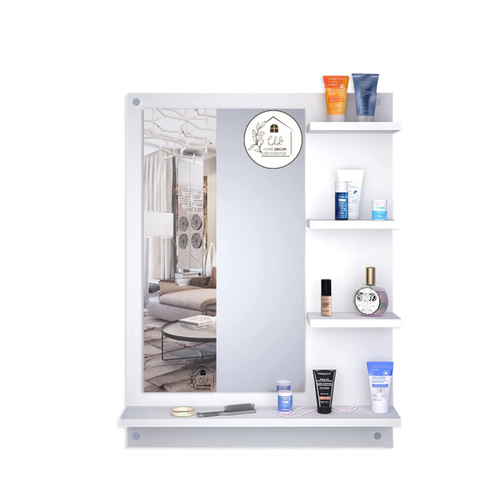 Unique Rectangular Dressing Wall Mirror with Shelves Wall Hanging Dressing Mirrors White DIY Wall Mounted Dressing Table, Wall Mirror with Shelf
