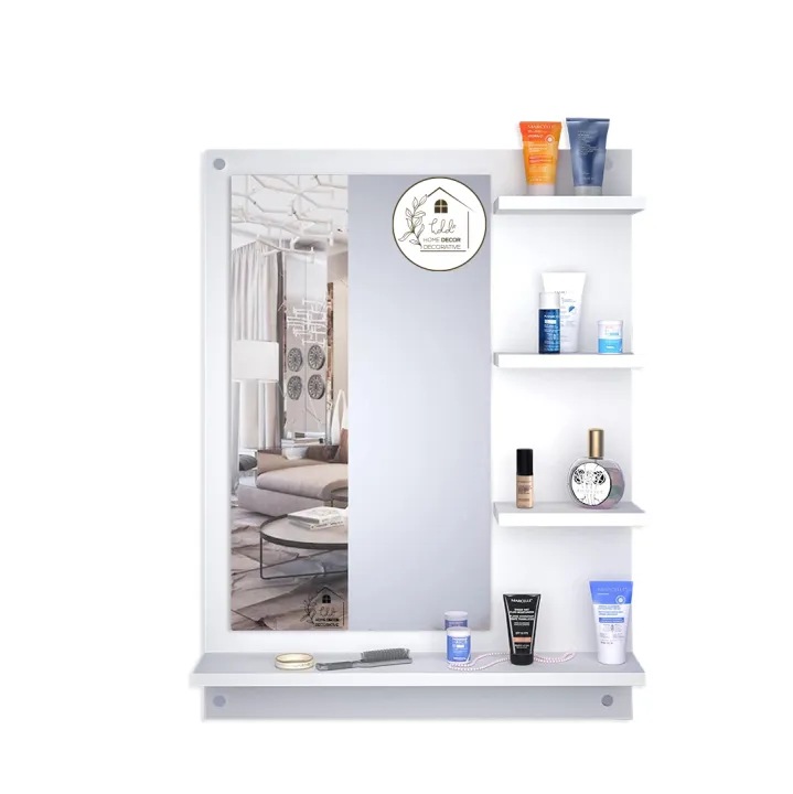Unique Rectangular Dressing Wall Mirror with Shelves Wall Hanging Dressing Mirrors White DIY Wall Mounted Dressing Table, Wall Mirror with Shelf