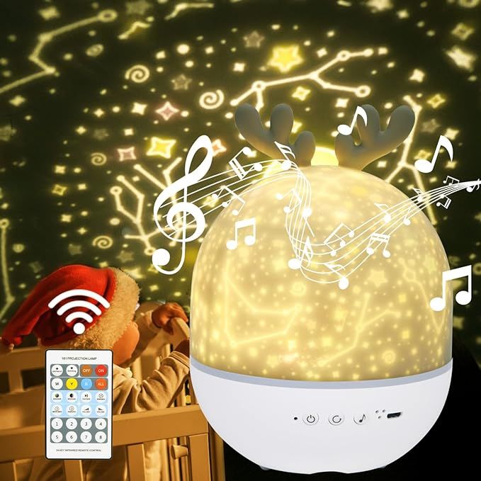 URAQT Starry Sky Projector, LED Projector Lamp Children, Rotating Baby Cuddly Toy Night Lights, Music Night Light, Star Projector Timer for Children's Room, Party, Romantic Decoration Christmas [Energy Class