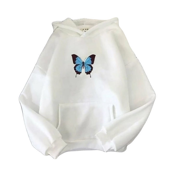 White Butterfly Fleece Full Sleeves Pull Over Hoodie For Women