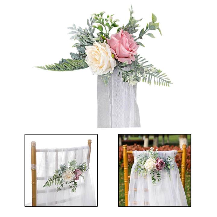 Artificial Rose Flower Swag,with Roses, Green Leaves and Silk Ribbon for Wedding Ceremony Party Decor Wedding Chair Decorations