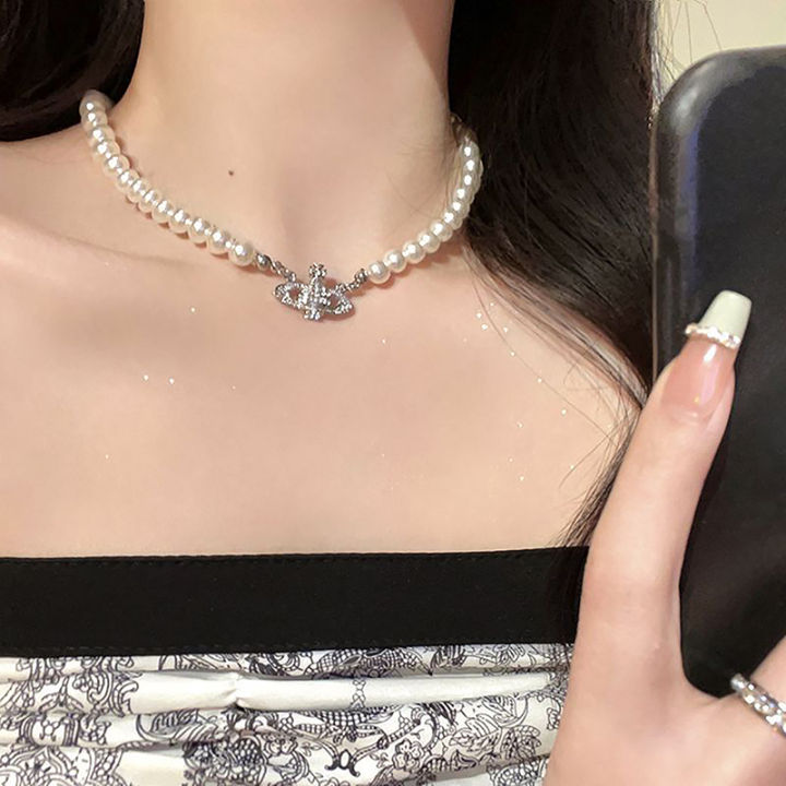 Y2K Jewelry Chain Vintage Crystal Zircon Planet Saturn Pearl Choker Necklace Nicle