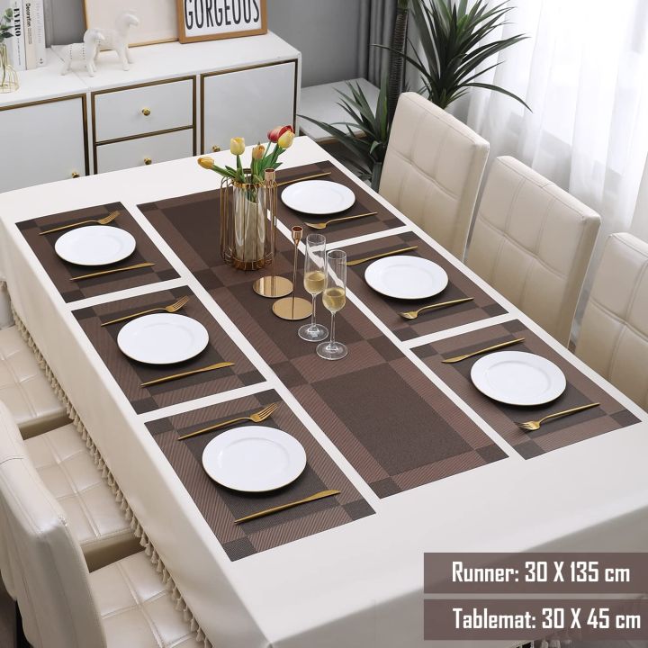 7Pcs Table Mat & Table Runner Set Heat Resistant Placemats, Stain Resistant Washable PVC Table Mats for Dining Table Woven Placemat - QS Bedding