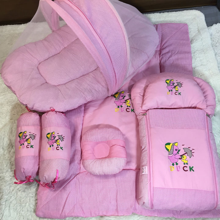 High Quality Super Soft Fluffy Baby Set Complete Bedding 7 Pcs Set - 7 Pcs Include: 1 Baby Bed w Mosquito Net 1 Quilt / Comforter 1 Sleeping Bag / Carry Nest 1 Headshaper Pillow 1 Normal Pillow and 2 Cushions - Baby Bistar Gaddi Sleeping Bag Bed Gift Set