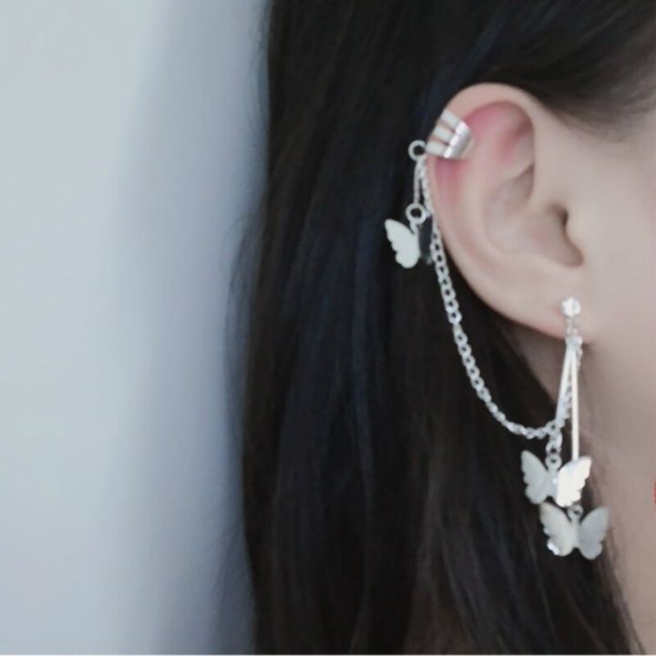 Pair%20Of%20Ear%20Cuff%20Butterfly%20Long%208%20cm%20Chain%20Pin%20Tassel%20Silver%20Color%20Earrings%20For%20Girls%20&%20Women%20-%20Image%207