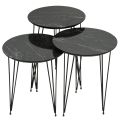 Set of 3 Black Marble End Tables Round Wood Sofa Side Coffee Tables for Small Spaces, Nightstand Bedside Table with Metal Legs for Bedroom, Living Room, Office. 