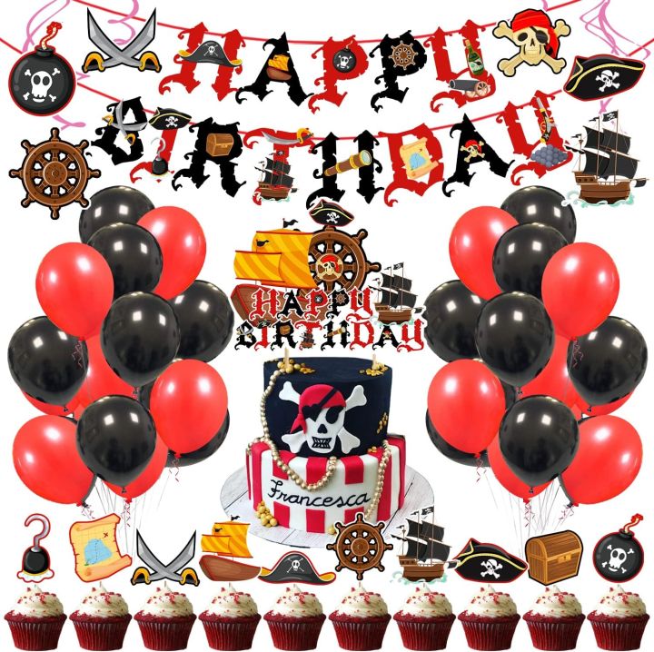 Pirate Birthday Party Decorations Happy Birthday Pirate Theme Party Set Total 43 PCS, Include Happy Birthday Banner Cake Cupcake Toppers Balloons