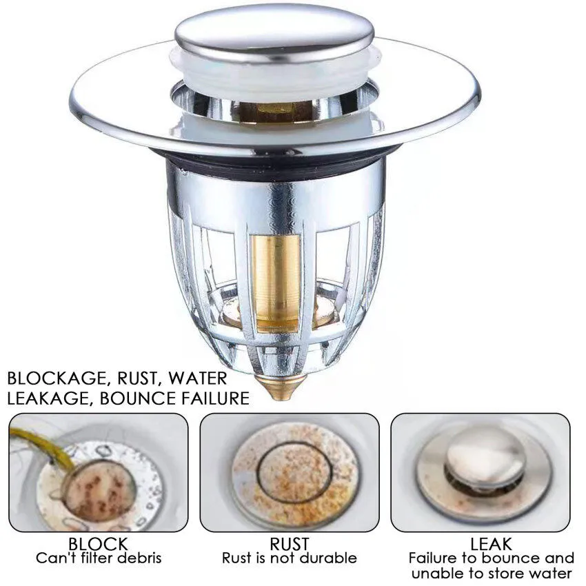 thumbnail image 2 of Universal Pop Up Bathroom Sink Stopper - Push Plug Drain Filter For 1 To 1.96 Inch Holes (Silver) 2 of 6