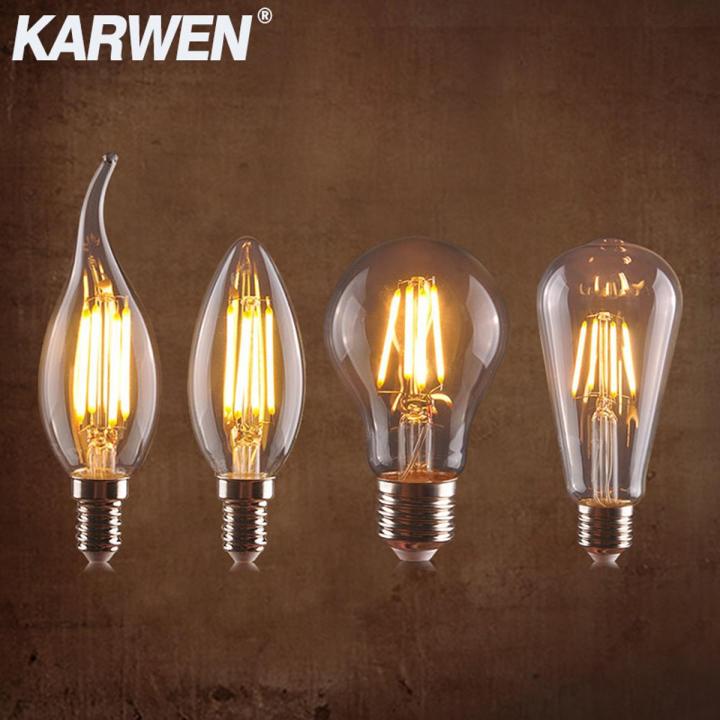 【Topnotch Store】KARWEN Vintage Edison Bulb E27 E14 Real watt 2W 4W 6W 8W LED Filament Vintage LED Lamp 220V Retro Candle Light