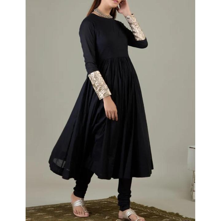 Flared frock detailed with sequence sleeves border paired with chorri dar pujama stitched two-piece suit