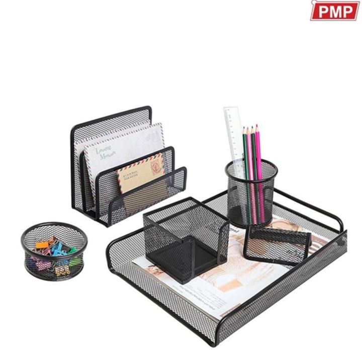 Office Table Stationery Table Set 6 in 1 Desk Organizer Table Set Pen Stationery Holder Stand & Letter Tray Tier Metal Mesh