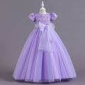Kids Girl’s Tulle Dress, Short Sleeve Crew Neck Flower Bowknot Patchwork Dress for Party Stage Show. 