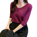 Women V Neck Blouse Casual Loose Half Sleeves Tops Fashion Solid Color Pullover Breathable T Shirt. 