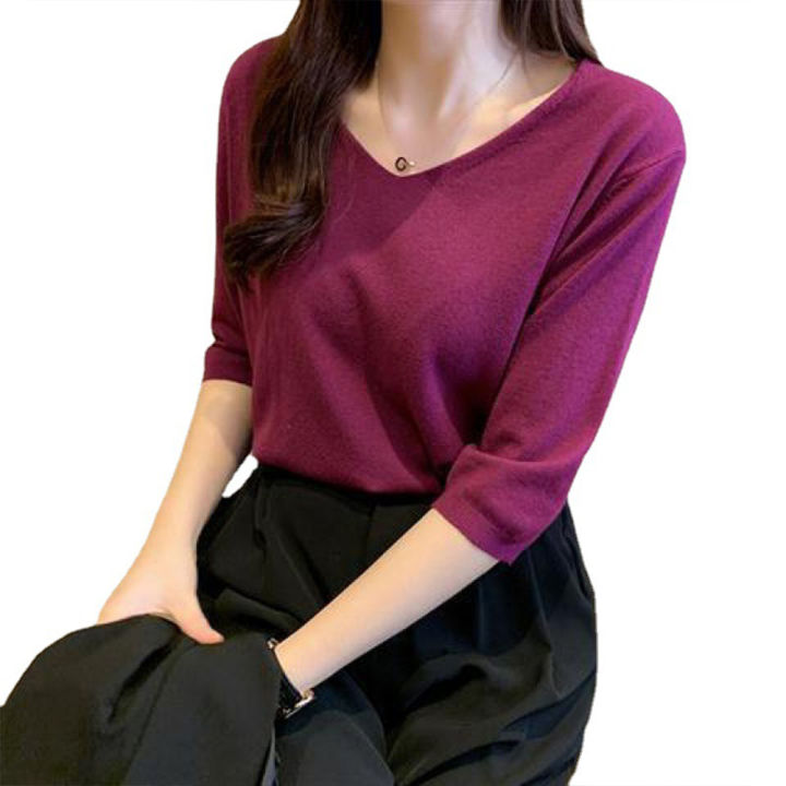 Women%20V%20Neck%20Blouse%20Casual%20Loose%20Half%20Sleeves%20Tops%20Fashion%20Solid%20Color%20Pullover%20Breathable%20T%20Shirt%20-%20Image%209