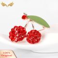 Women's Gorgeous Cute Red Rhinestone Cherry Leaf Fruit Brooch Pin Accessory. 