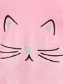 2 Pcs Girls Cartoon Cat Print Short Sleeve Tee & Cat Print Pants Set. 
