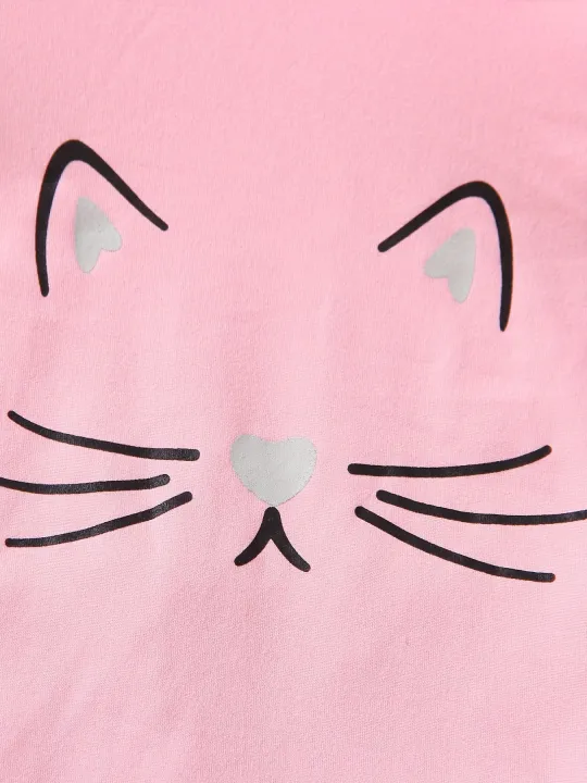 2%20Pcs%20Girls%20Cartoon%20Cat%20Print%20Short%20Sleeve%20Tee%20&%20Cat%20Print%20Pants%20Set%20-%20Image%204