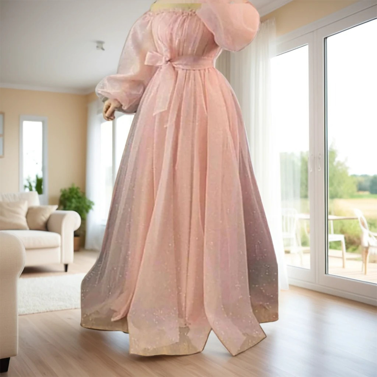 Shimmery Net Maxi Dress for Girls, Glitter Work, Party Wear