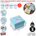 Baby Announcement Sweet Boxes Collection, Baby Boy & Baby Girl Printed Boxes, Baby Shower, New Born Babies, Souvenir, Candies, Premuim CardBoard Box, Guest Gift Box, Its A Boy & Girl Printed Stroller, White Dooted Design For Birthday Events. 