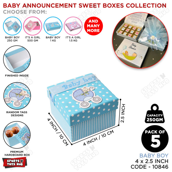 Baby Announcement Sweet Boxes Collection, Baby Boy & Baby Girl Printed Boxes, Baby Shower, New Born Babies, Souvenir, Candies, Premuim CardBoard Box, Guest Gift Box, Its A Boy & Girl Printed Stroller, White Dooted Design For Birthday Events