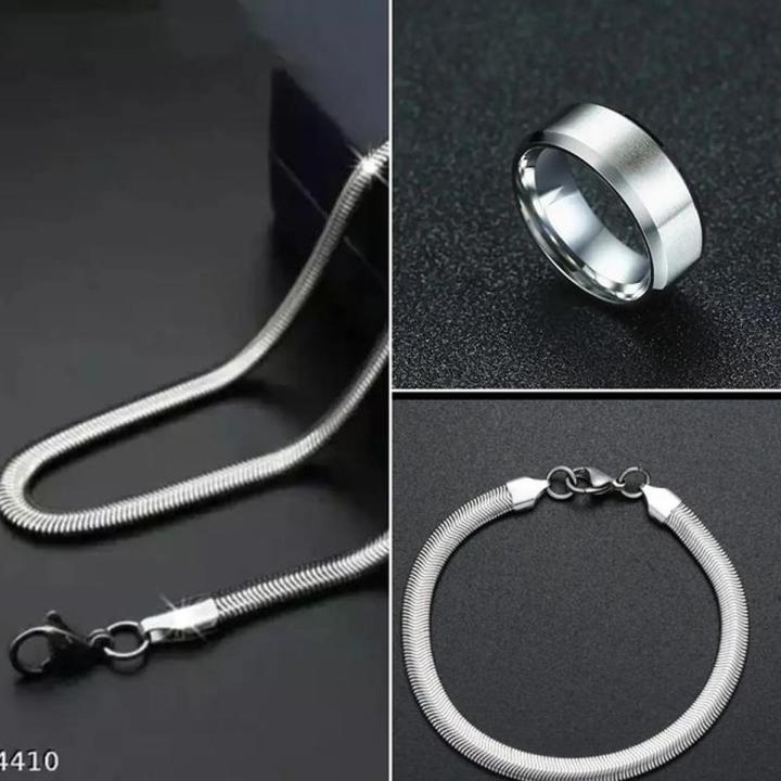 Pack of 3 Silver Stainless Steel Snake Chain Snake Bracelet and Silver ring