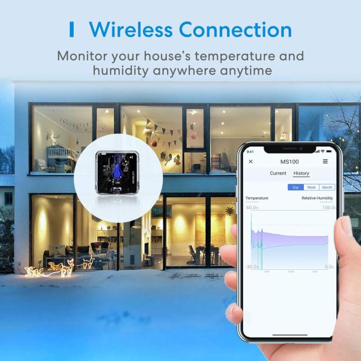 Wireless Thermometer  (Meròśs) Hygrometer, Remote WiFi-Humidity-Temperature-Sensor Alexa íPhòne - Android with Alerts for Baby Rooms, Greenhouses, Pets, Fridges (MS100H)