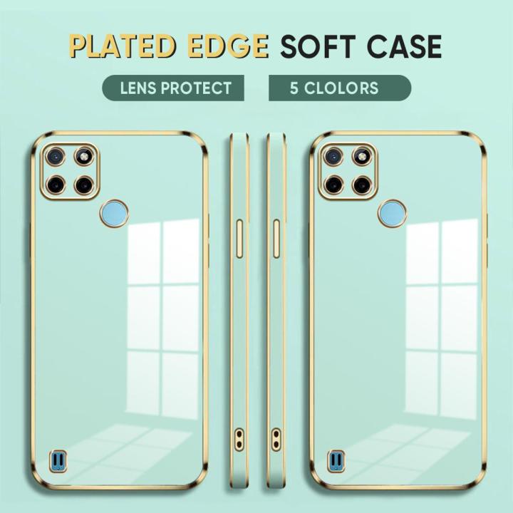 (Free Lanyard) Luxury 6D Plating Case for Realme C21Y / C25Y Back Cover Soft Silicone Square Frame Shiny Bling Phone Cases
