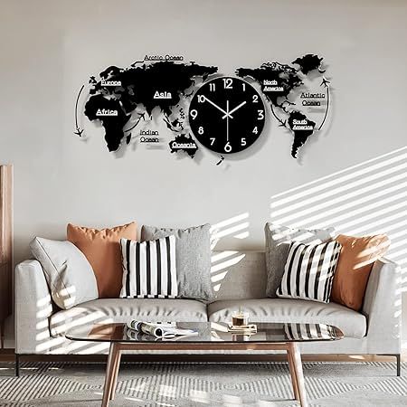 World Map Clock, Wooden Wall Clock, Silent Battery-Operated Quartz Clock, Used for Living Room and Bedroom Sand Decoration Wall Clock
