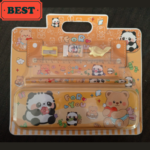Cute Panda Cartoon Kids Stationery Set – Pencil Box with Pencil, Ruler ...