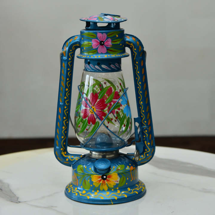 Traditional Blue Small Laltain-Lamp Hand Made Hanging Lalten-Lantern Village Memories Flame Light Desi Kerosene Lantern-Glass Lamp Hanging Traditional t Oil Burning Hanging Lantern