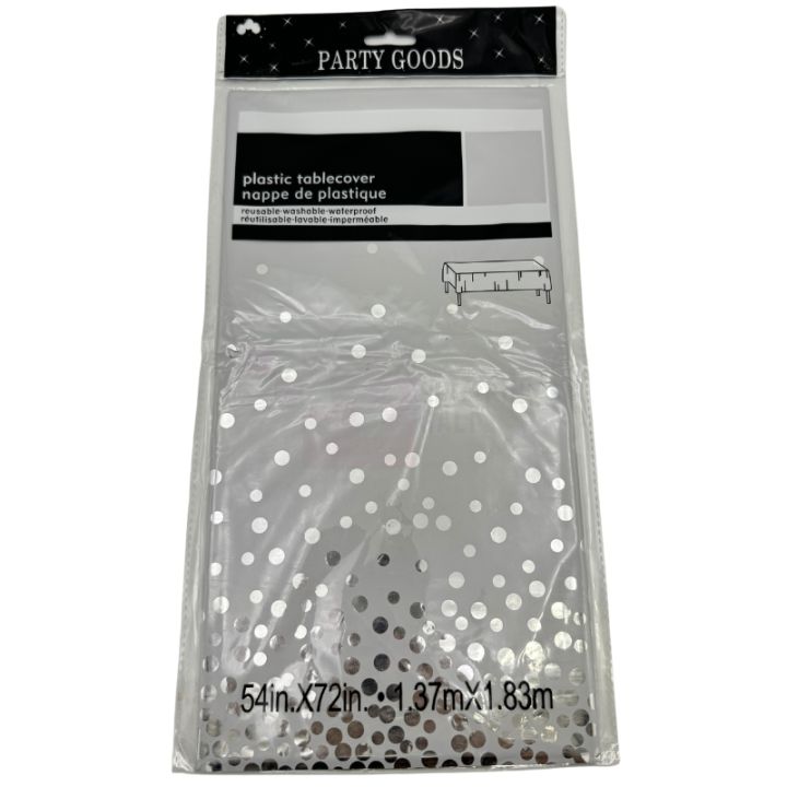 WHITE TABLE COVER WITH SILVER POLKA DOT ( 72 INCH X 54 INCH )