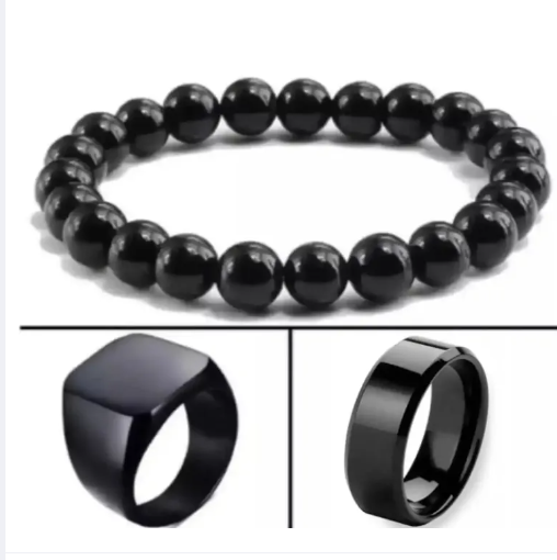 Black Combo Deal 3 In 1 Big Bracelet 1 Ring & 1 Black Chala For Men & Boys