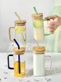 400ML Creative Square Straw Mug Modern Fashion Juice Cup,Single Colored Handle Layer Drinking Glass Cups, Straw & Wooden Lid  For Soda Iced Coffee Milk Bubble Tea Water - Random Color. 