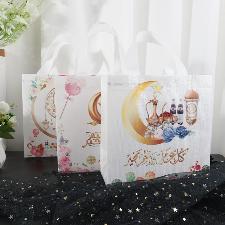 1/10pcs Eid Holiday Gift Bags Nonwoven Al-Fitr Treat Bags Moon Star Pattern Cartoon Printing Gift Bag for Eid Party