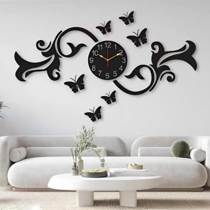 DWU Fancy Wall Clock With butterflies,3D Wooden Cnc Laser cut design decoration piece item for home, living room ,shops, offices and for gifts